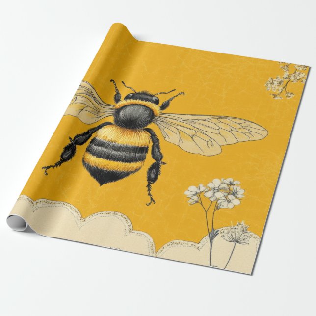 Vintage Honey Bee Wildflower Trädgård (6) Presentpapper (Utrullad)