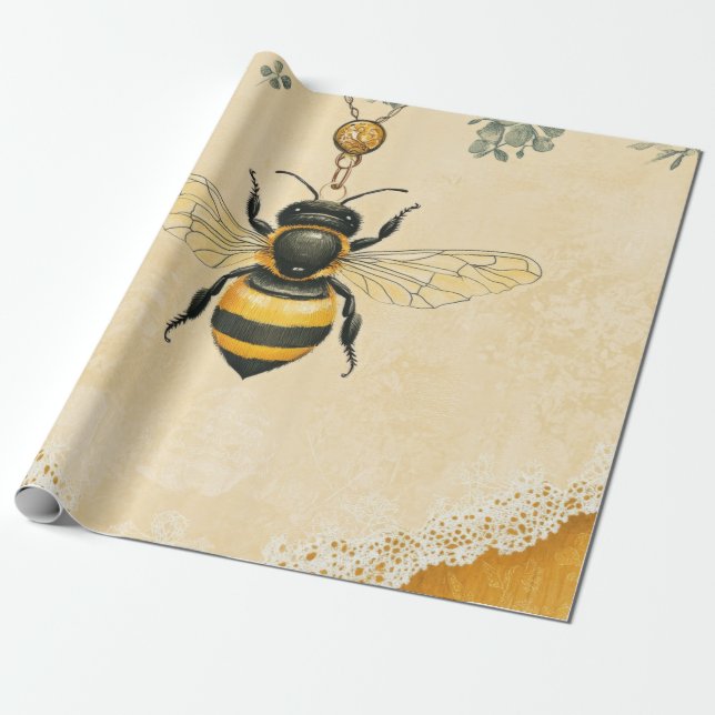 Vintage Honey Bee Wildflower Trädgård (7) Presentpapper (Utrullad)