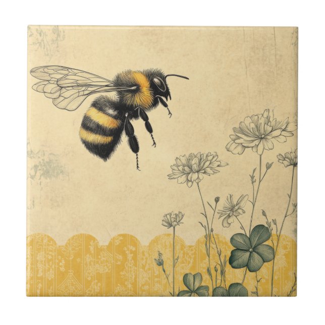 Vintage Honey Bee Wildflower Trädgård (8) Kakelplatta (Framsidan)