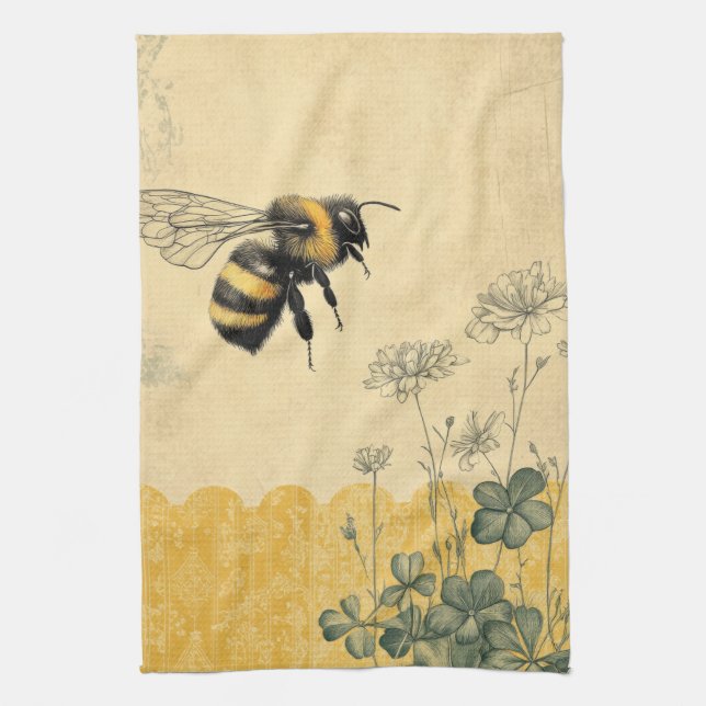 Vintage Honey Bee Wildflower Trädgård (8) Kökshandduk (Vertikal)