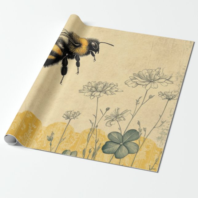 Vintage Honey Bee Wildflower Trädgård (8) Presentpapper (Utrullad)