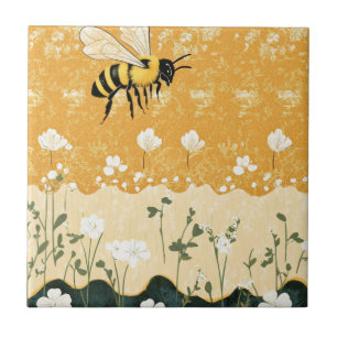 Vintage Honey Bee Wildflower Trädgård (9) Kakelplatta