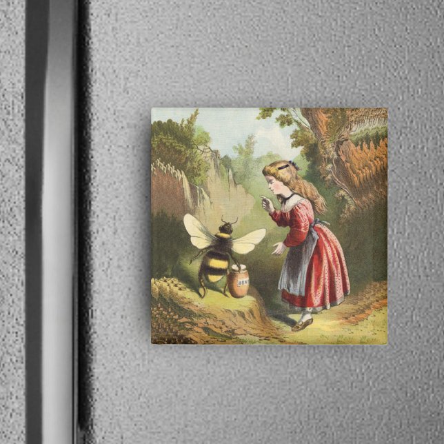 Vintage Honungsbi med flickmagnet Magnet (Victorian little girl in woods with bee guarding honey pot on square magnet.)