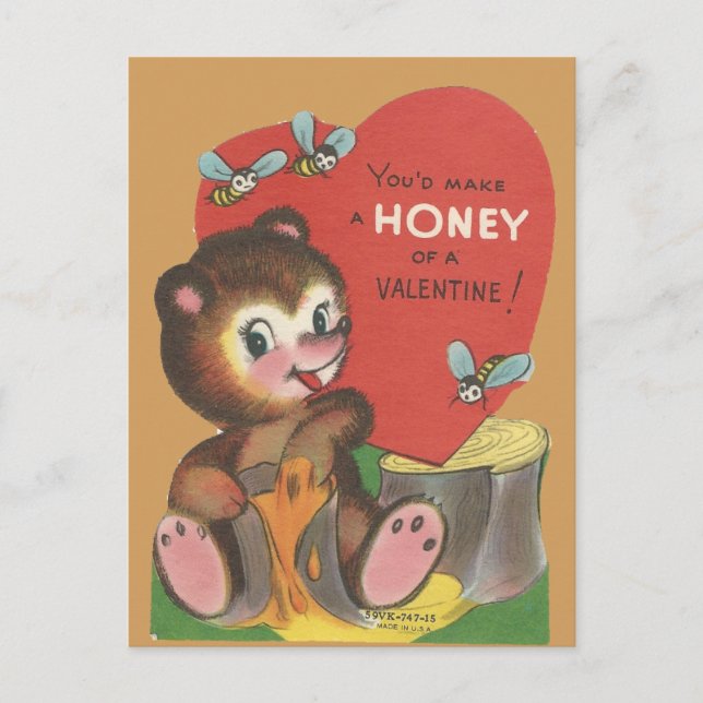 Vintage "Honungsbjörn" Valentine Helg Vykort (Framsida)
