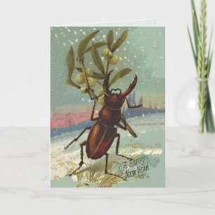 Vintage Horned Beetle & Mistel Happy New Year Helgkort
