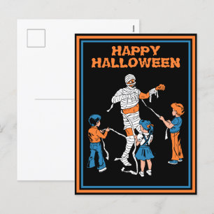 Vintage horror mummin med barn halloween helg vykort