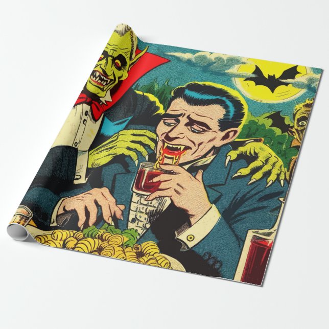 Vintage Horror Vampampre Tecknader Presentpapper (Utrullad)