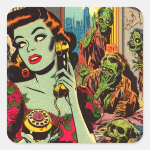 Vintage Horror Zombie Tecknader Fyrkantigt Klistermärke
