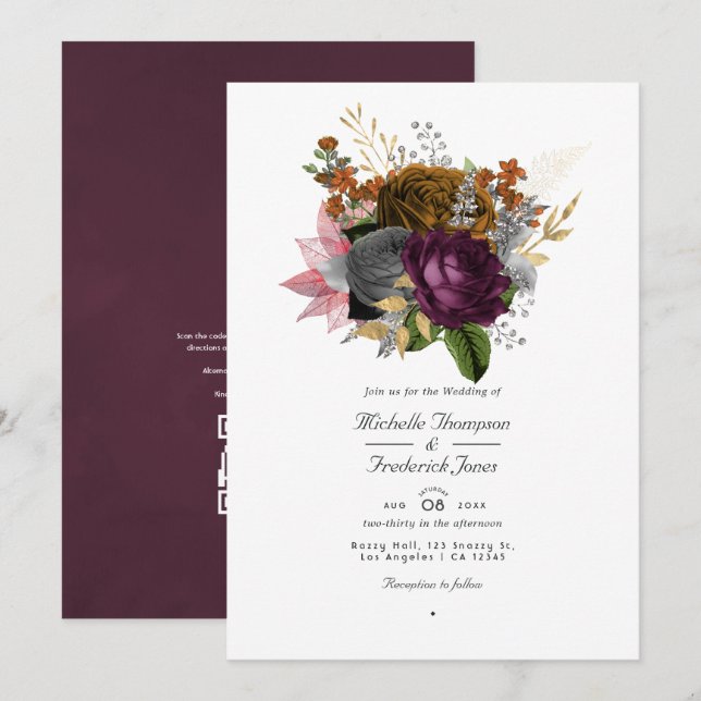 Vintage höst blomstergift QR-kod RSVP bröllop Inbjudningar (Fram/baksida)