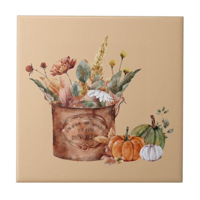 Vintage höst höstblommig arrangemang & pumpor kakelplatta (Framsidan)