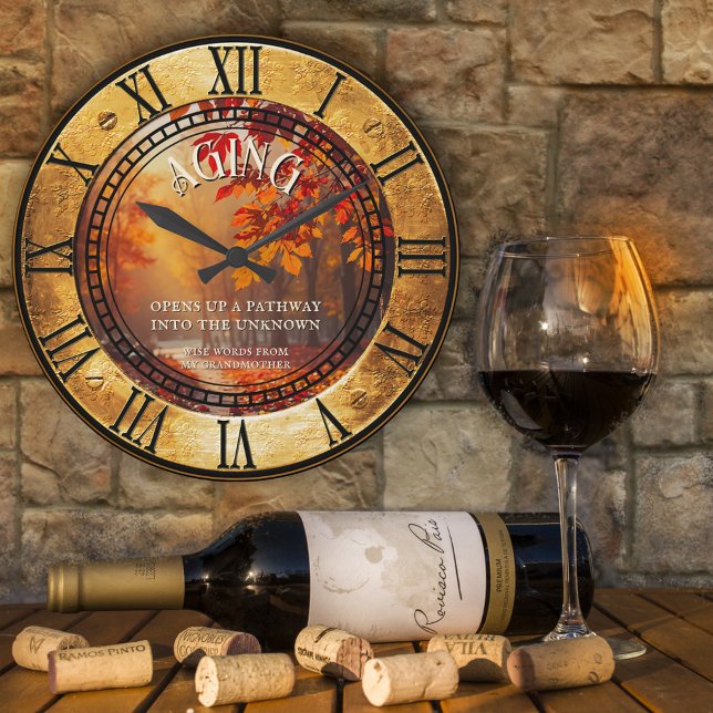 Vintage Höst löv Väg Rund Klocka (Wall clock featuring a stylish vintage metallic design with roman numerals and colorful fall leaves)