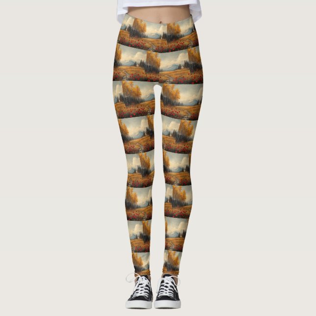 Vintage höstängsmålning vallmo leggings (Framsida)