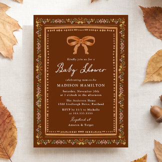 Vintage höstblomma Brun baby shower Inbjudningar
