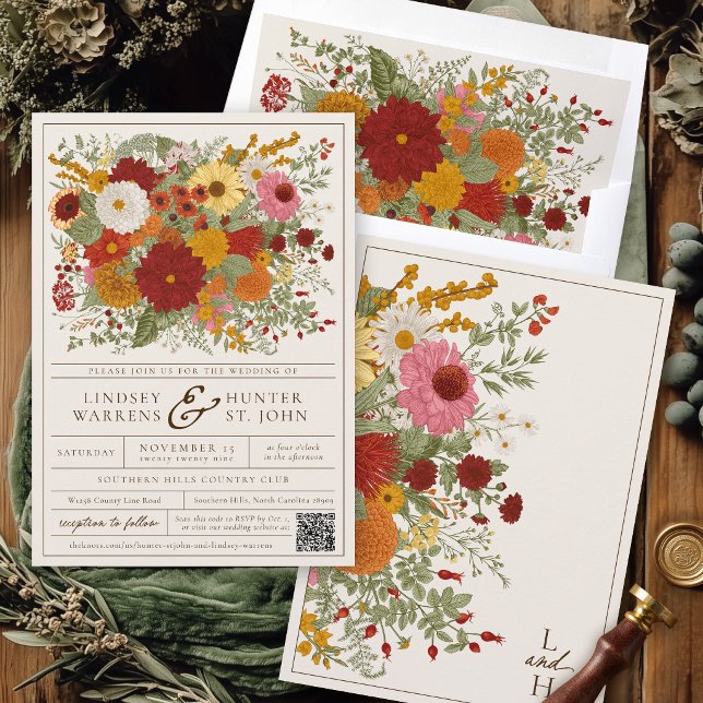 Vintage höstblomma färgrik trädgård höstbröllop inbjudningar (Vintage fall floral colorful romantic garden elegant burgundy ivory Autumn wedding invitation set)