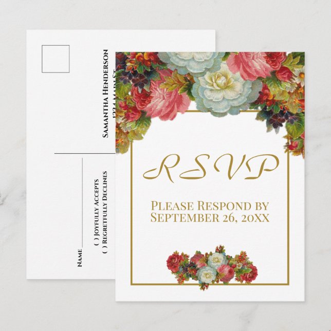 Vintage höstblommig guldbröllop RSVP Vykort (Fram/baksida)