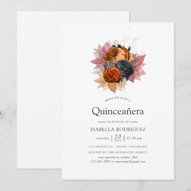 Vintage höstblomsterbukett Quinceañera Inbjudningar (Fram/baksida)