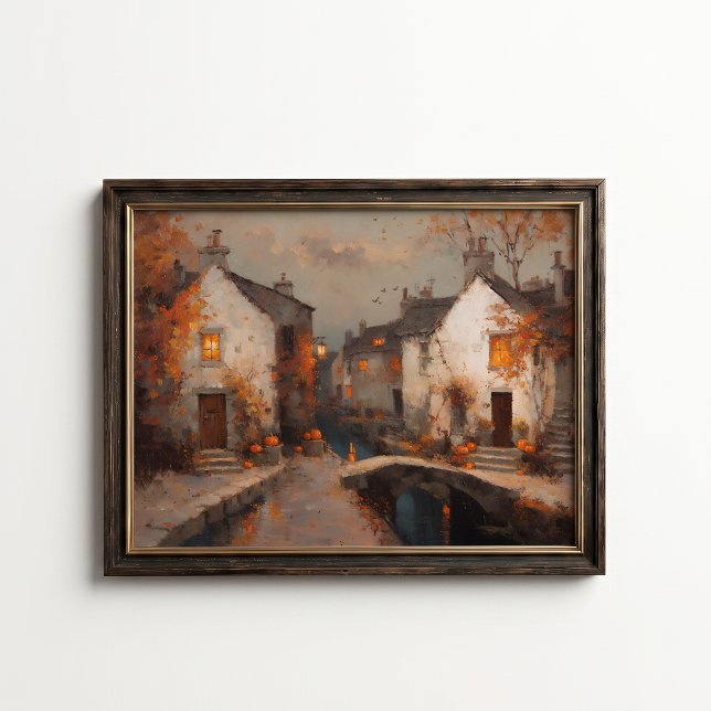 Vintage höstby Kanalstugga Affisch (Autumn Village Canal Wall Art Poster - close-up view (frame/decor not included))