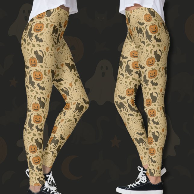 Vintage Hösten Spöken & Svarta katter Halloween Leggings (Skapare uppladdad)