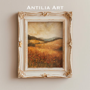 Vintage Hösten Wildblomma Land Fält Landskap Poster