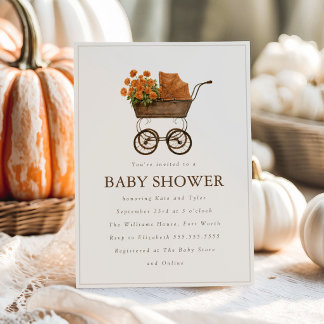 Vintage höstmumie och barnvagn Höst baby shower Inbjudningar