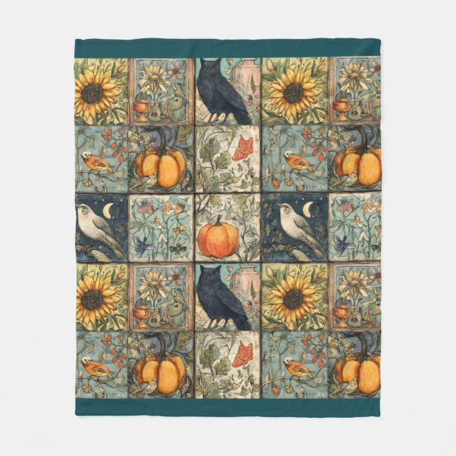 Vintage höstpatchwork-utseende pumpa uggla blomma fleecefilt (Framsidan)