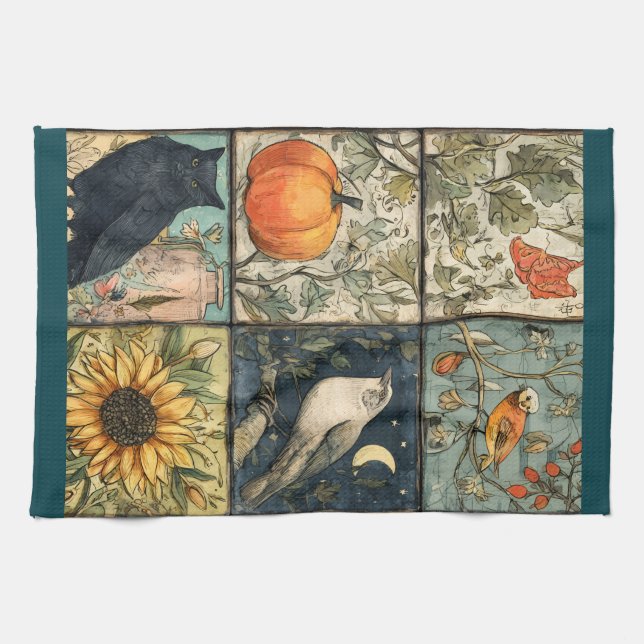 Vintage höstpatchwork-utseende pumpa uggla blomma kökshandduk (Horisontell)