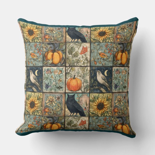 Vintage höstpatchwork-utseende pumpa uggla blomma kudde (Framsida)