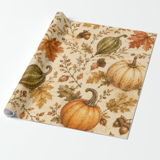 Vintage höstpumpa- och gourdsmönster  presentpapper (Utrullad)