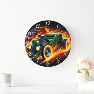 Vintage hot rod tävla genom lågor vid vriden ljus stor klocka