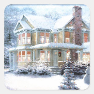 Vintage House in Winter Fyrkantigt Klistermärke