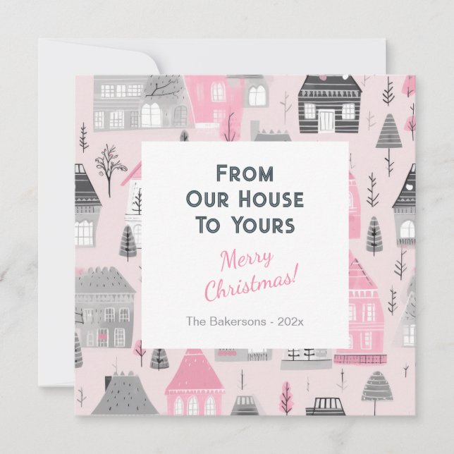 Vintage Houses on Rosa jul Card Kort (Framsida)