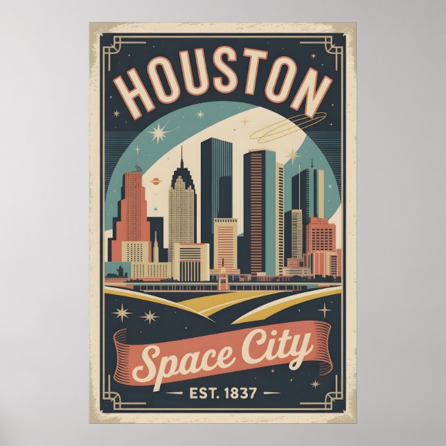 Vintage Houston Texas Rymdstad Retro Resa Poster (Framsidan)