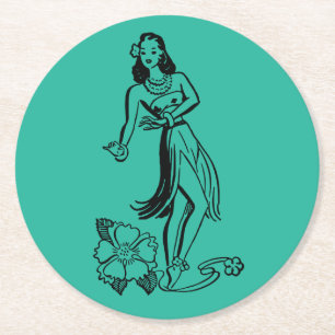 Vintage Hula Dancer Teckning Tiki Pub eller Luau Underlägg Papper Rund