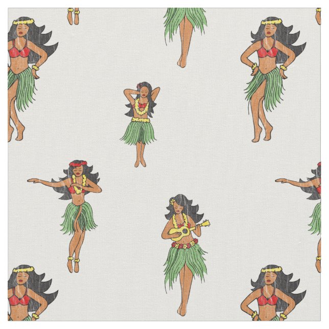 Vintage Hula Dancing Girls Hawaiian Patterned Tyg (Närbild)