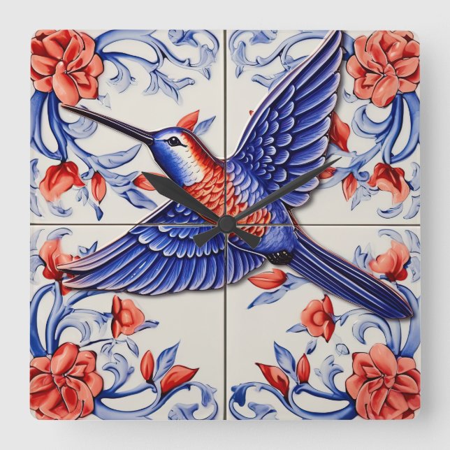 Vintage Hummingbird Azulejo Fyrkantig Klocka (Framsida)