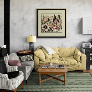 Vintage Hummingbird & Blooms Art Print Poster