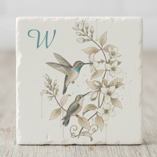 Vintage Hummingbird Botanical Initial Gift Stenunderlägg (Hummingbird initial stone coaster)