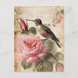 Vintage Hummingbird och Rosa ros Decoupage Vykort