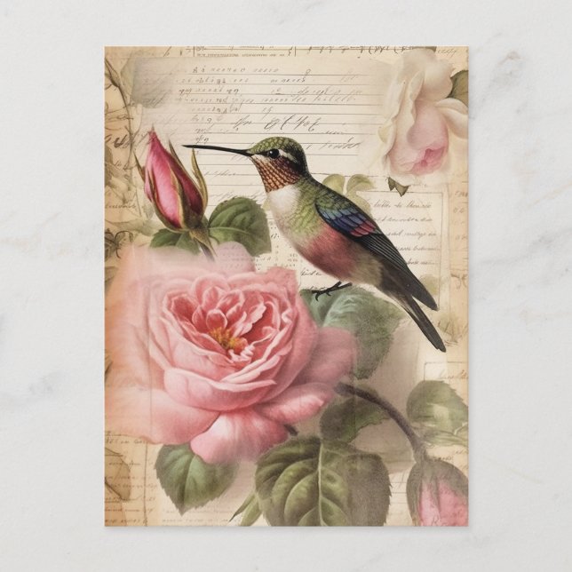 Vintage Hummingbird och Rosa ros Decoupage Vykort (Framsida)