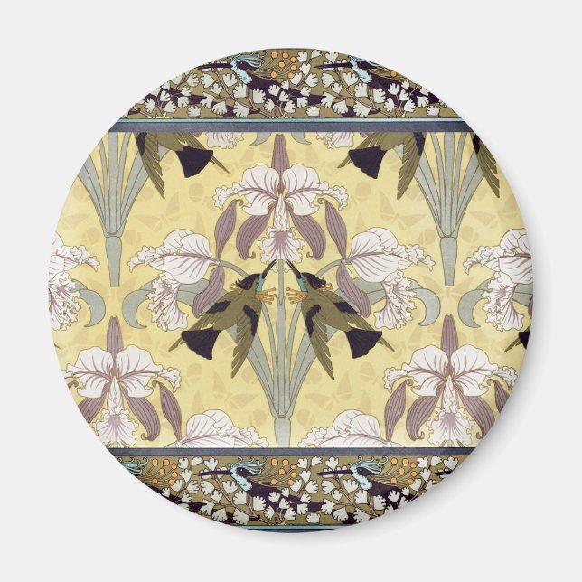 Vintage Hummingbird Orkidé Art Nouveau Mönster Magnet (Framsidan)