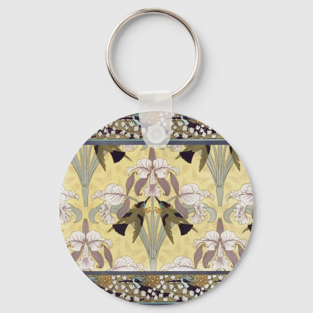 Vintage Hummingbird Orkidé Art Nouveau Mönster Nyckelring (Framsida)