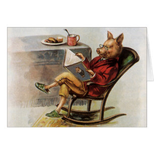 Vintage humor, gris i gungstol som läser en bok OBS kort