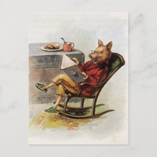 Vintage humor, gris i gungstol som läser en bok vykort