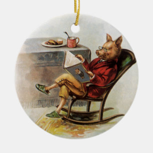 Vintage Humor, Gris i raketstol Läsande Bok Julgransprydnad Keramik