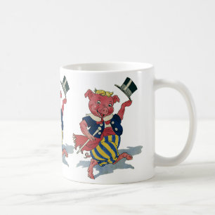 Vintage humor, söt lycklig dansande gris dansar kaffemugg