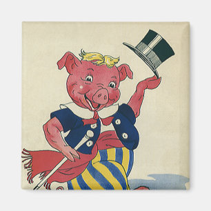 Vintage humor, söt lycklig dansande gris dansar magnet
