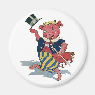 Vintage humor, söt lycklig dansande gris dansar magnet