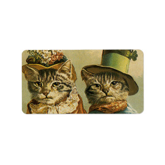 Vintage Humor, Viktorian Bride Groom Cats in Hats Adressetikett