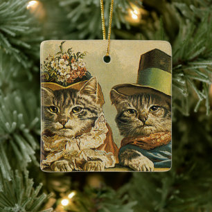Vintage Humor, Viktorian Bride Groom Cats in Hats Julgransprydnad Keramik