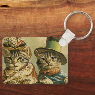 Vintage Humor, Viktorian Bride Groom Cats in Hats Nyckelring
